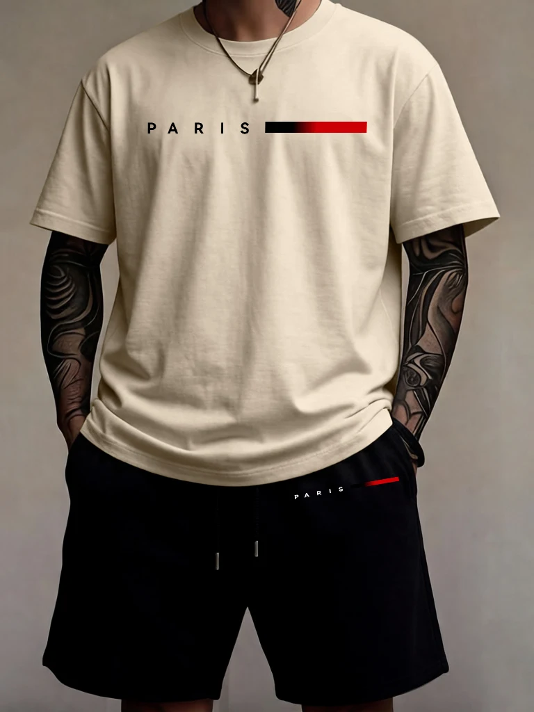 Paris Creative Letter Printed Man'S Cotton Daily T-Shirt Sets O-Neck Breathable All-Match Short Sleeve Jogging Summer Pants