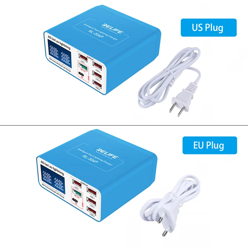 RELIFE RL-304P Smart 6-port USB Digital Display Charger for Mobile Phone And Tablet Charging Support for PD3.0+QC3.0