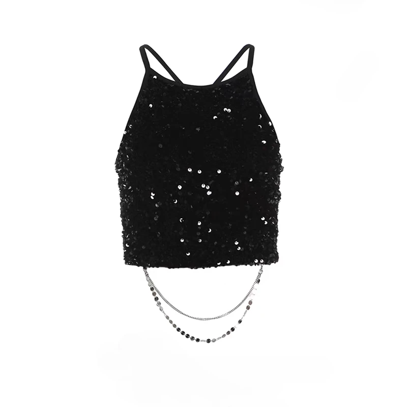 

Hot sweetheart slim short beauty back top Kpop sequined bling chain sexy nightclub rock sling vest women's inner sling top