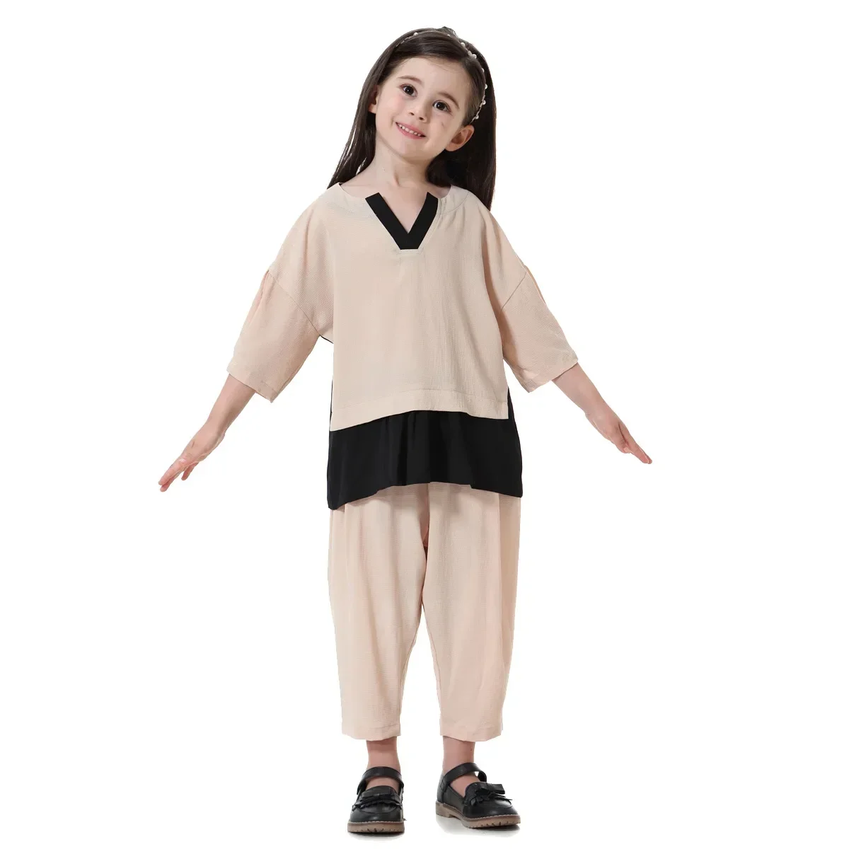 Kalkoen Moslim Meisjes 2 Stuks Sets Kids Tops Broek Past Half Mouwen Broek Islamitische Kleding Arabische Gewaad Toga Jubah ramadan