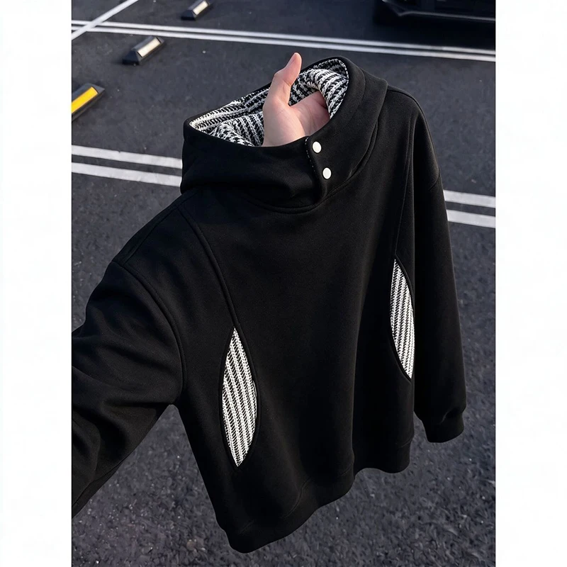 Men Stand Collar Hooded Sweatshirt 2026 Autumn Winter Houndstooth Spliced Hoodie Plus Size Streetwear Designer Pullover Jacket