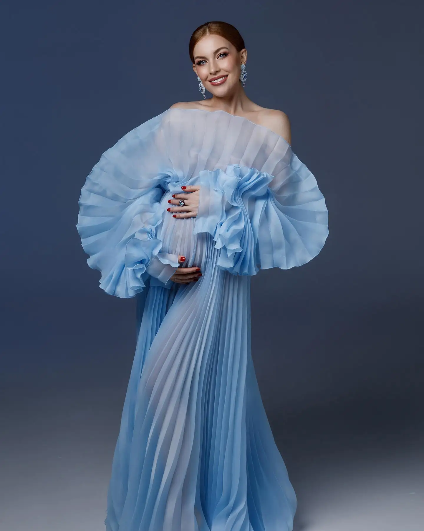 Beautiful Sky Blue Pleated Illusion Long Maternity Dresses To Party Puff Sleeves A-line Long Folds Women Formal Party Dress