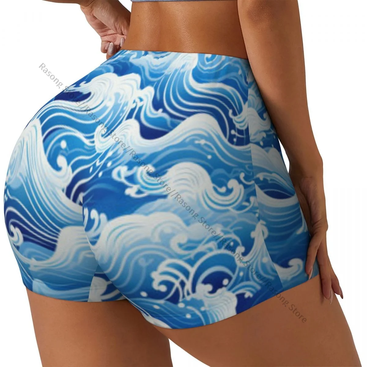Spandex Yoga Shorts for Women Japanese Wave Line Pattern Workout Booty Shorts