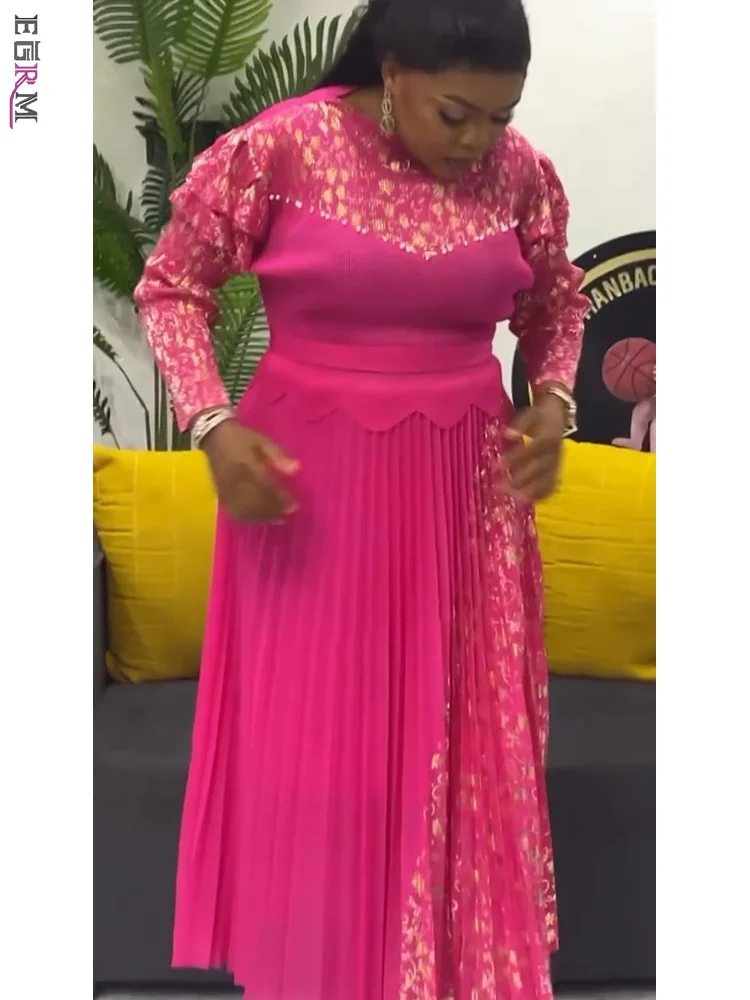 فستان EGRM عالي المرونة بطيات للنساء بياقة دائرية وأكمام طويلة وأربطة مطبوعة فساتين غير منتظمة الطيات 2025 جديد 6R4018