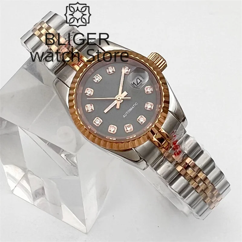 BLIGER New 26mm Women\'s Silver Rose Gold Classic Mechanical Watch NH05 Movement Gray Dial Sapphire Glass Women\'s Elegant Watch