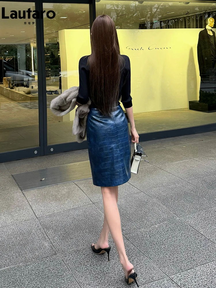 Lautaro Spring Autumn Crocodile Print Pu Leather Knee Length Pencil Skirt Women High Waist Chic Emo Luxury Designer Clothes 2026