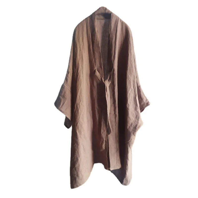 

2025 New Arrival Spring/summer Women Loose Casual Good Quality Cotton Linen Long Coat V-neck Open Stitch Trench