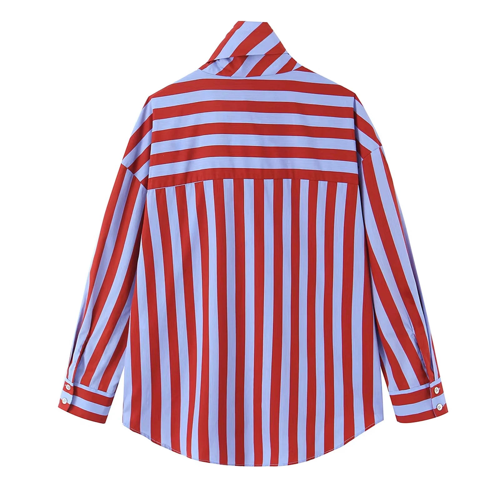 HH Damen Mode Gestreiftes Hemd Retro Farbblock Schal-Kragen Langarm Einreihige Bluse 2026 Herbst Lässiges Urlaubstop – Detail 3