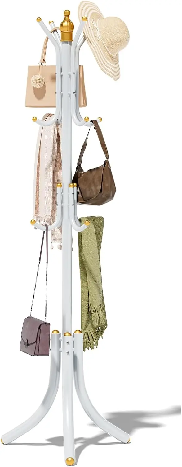 

Free-Standing Coat Rack Metal Stand Hanger 12-Hooks Organizer, Hall Tree Entry-Way Furniture for Hanging Up Jacket, Hand-Bag