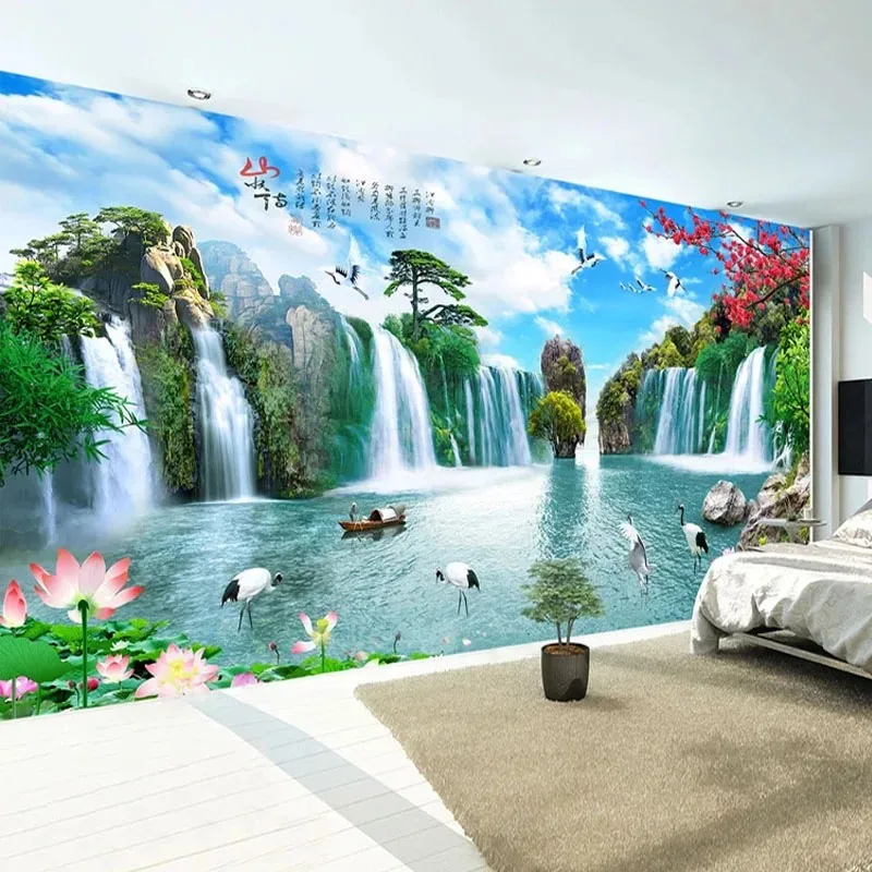 Custom 3D Mural Chinese Style Waterfalls Mountain Landscape Wallpaper Living Room Bedroom Study Background Wall Decor 3D Fresco