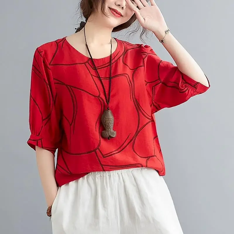 Katoen Linnen T-shirts Vrouwen Art Vintage Losse Oversized T-shirt Fashion Casual O-hals Korte Mouw Tops Zomer Trend Dunne T-shirt