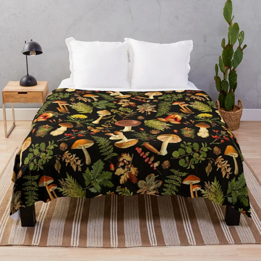 Mushroom Flannel Throw Blanket King Queen Size Brown Mushroom Pattern for Bed Sofa Couch Decor Smooth Lightweight Super Soft