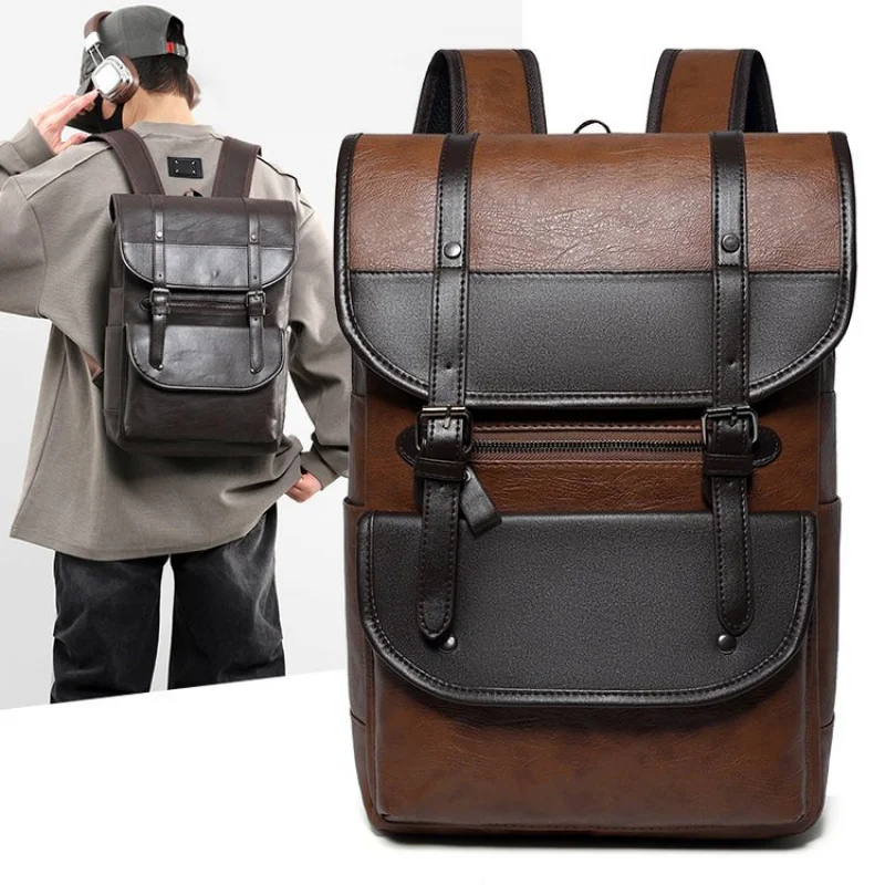 

PU Leather Backpack For Men Trend Fashion College Student Bookbag Large Capacity Women's Bag Waterproof Multifunction Travel