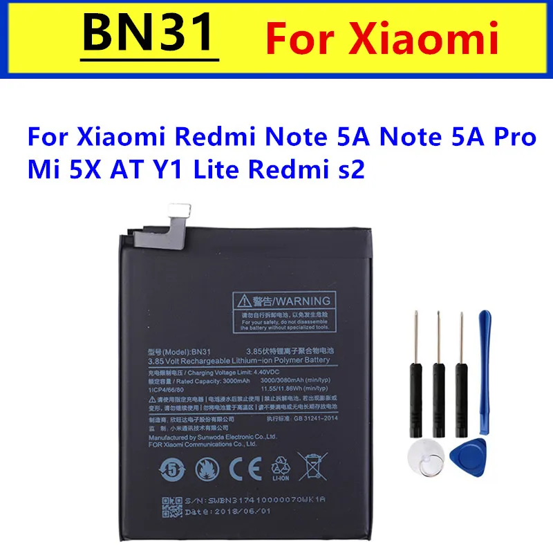 BN31 Replacement Battery For Xiaomi Mi 5X Mi5X A1 MiA1 Redmi Note 5A Redmi Y1 Lite S2 Y2 Phone Batteries 3080mAh + Tools