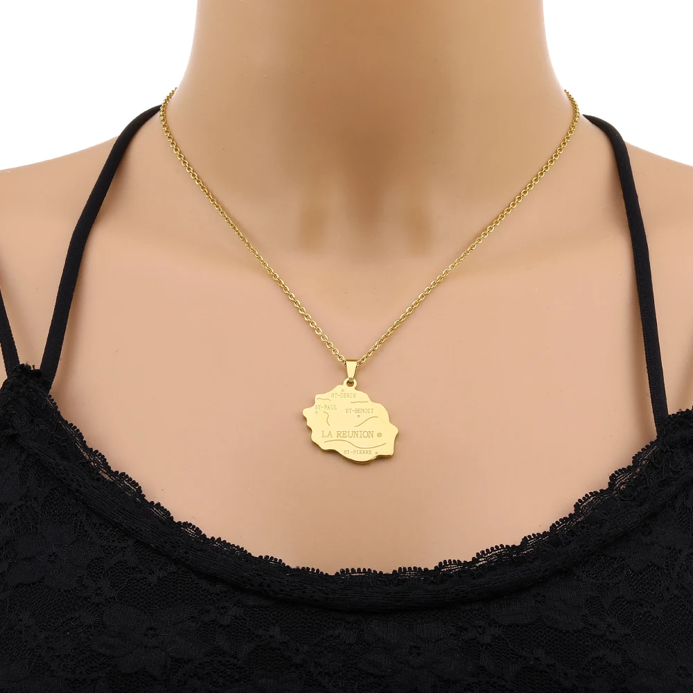 France Reunion Island Map Pendant Necklace Stainless Steel For Women Girls Gold Silver Color Charm Fashion Female Choker Jewelry