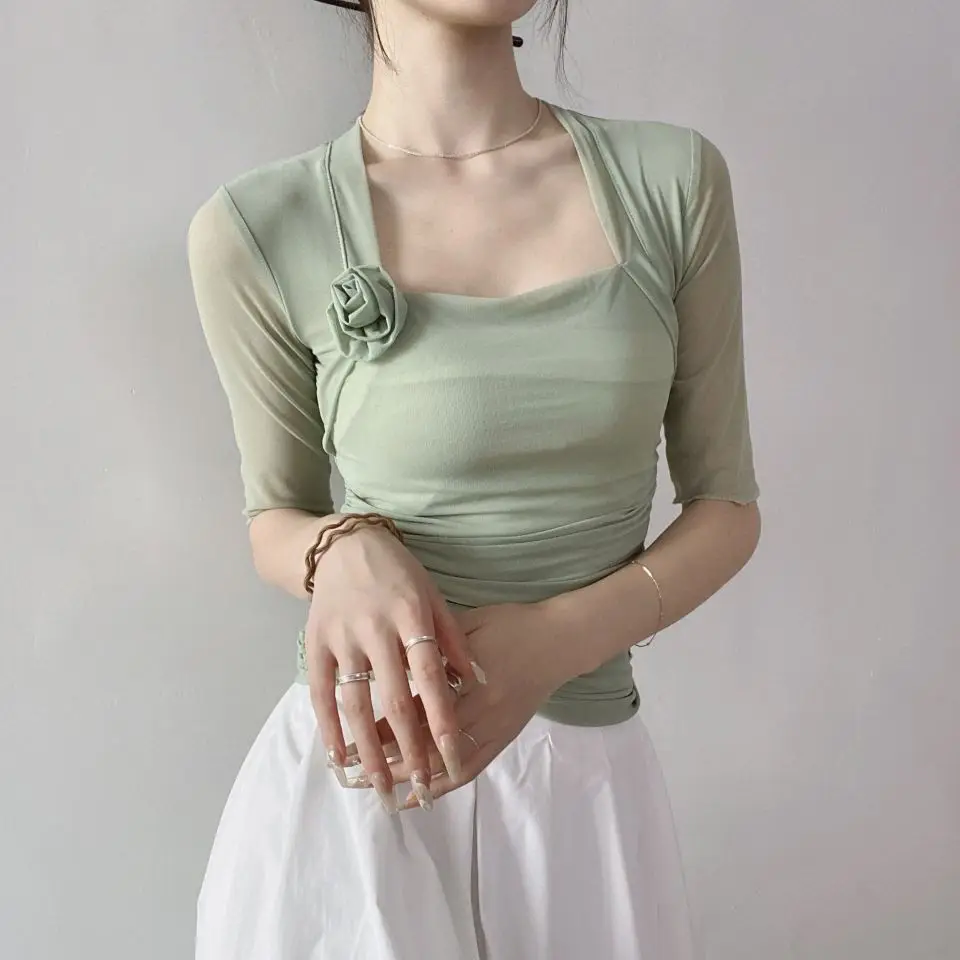 

Chinese Dance Adult Mid-sleeved Retro Short Gauze Square Collar Hot Girl Top Classic Dance Dress