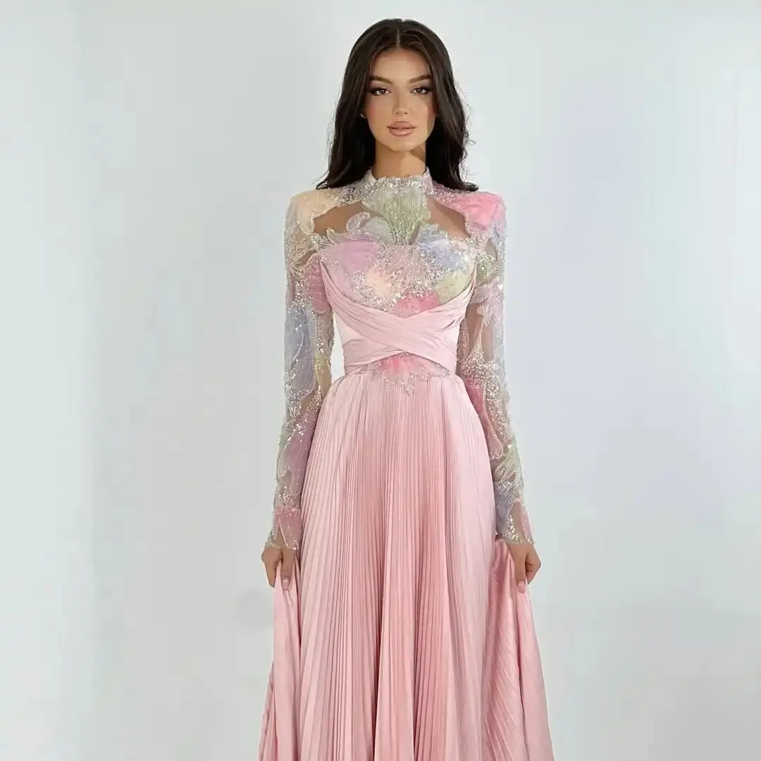 Ofherown New Pink Gradient Sequin Evening Dress Women Long Sleeve High Neck Sheer Mesh Pleated Formal Prom Gown Party Dress 2026