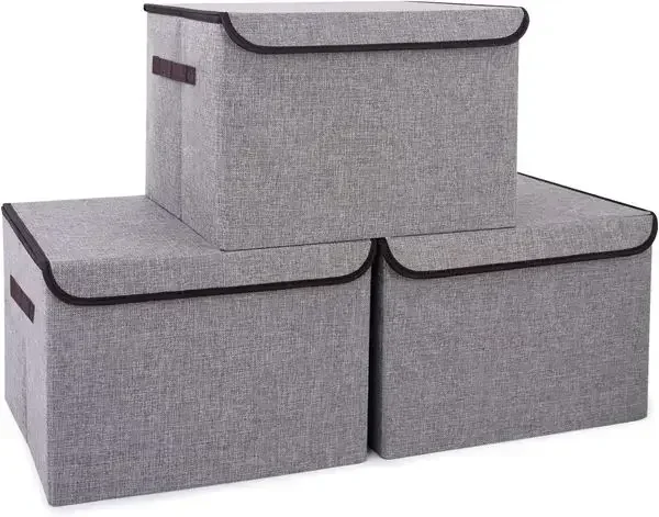 

Large 17' 42 Quarts Collapsible Stackable Storage Bins with Lids [3-Pack] Foldable Fabric Linen