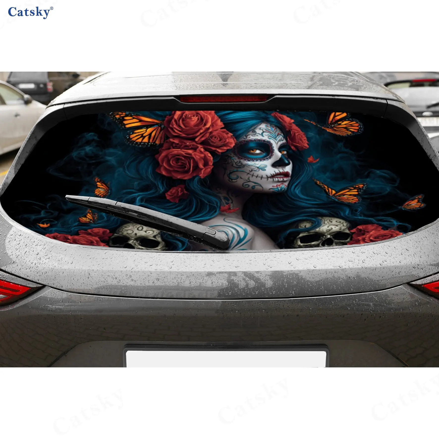 Day of the Dead Makeup Lady PVC Perforated Car Vinyl Wrap, Durable Car Rear Windshield Sticker, Waterproof Car Rear Window Decal