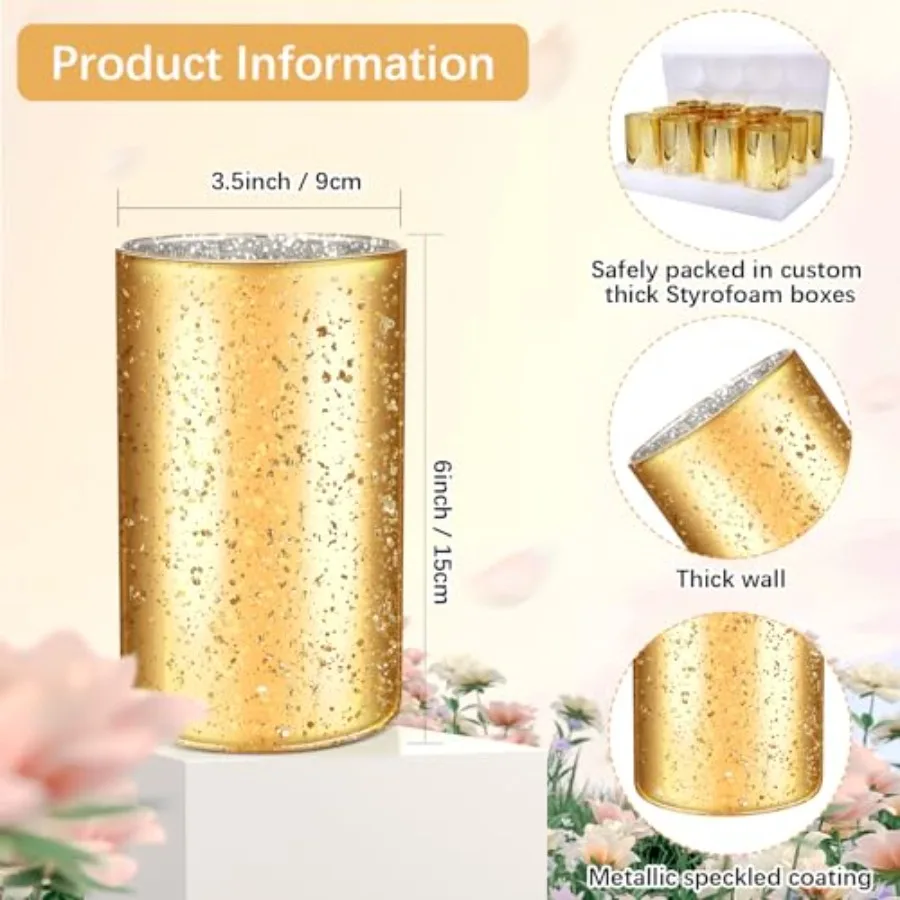 12 Pcs Gold Cylinder Vases for Wedding Centerpieces 6 Inch Speckled Mercury Glass Decorative Gold Flower Votive Candle Holders
