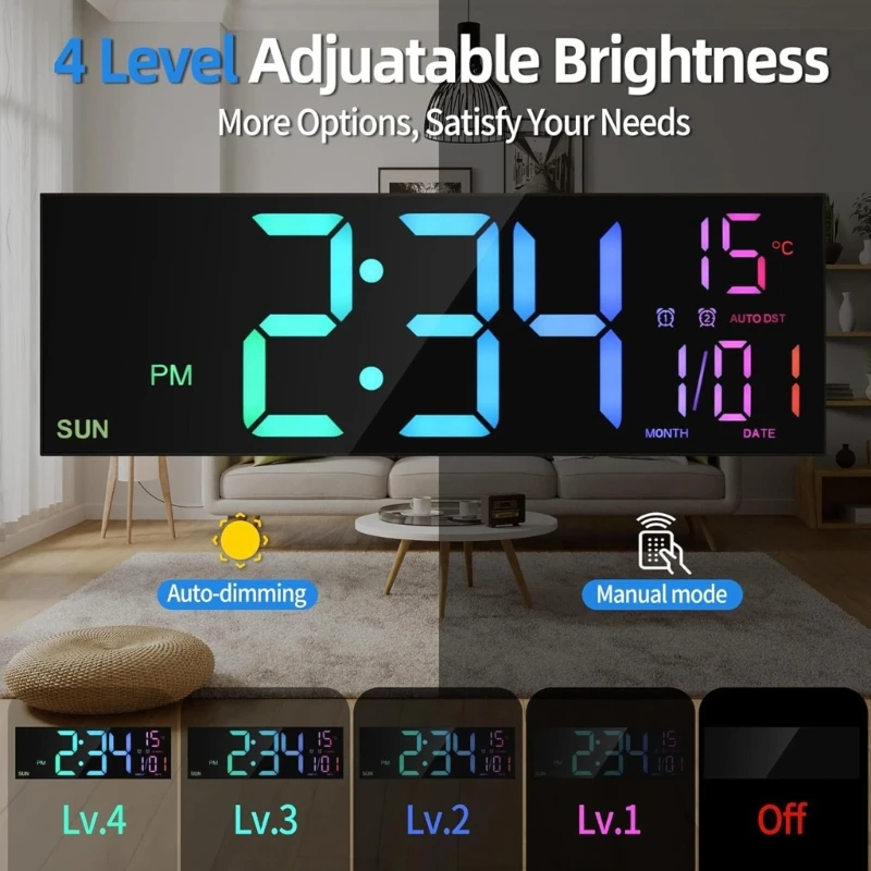 ساعة حائط رقمية LED كبيرة جديدة مقاس 16 بوصة مع جهاز تحكم عن بعد وإضاءة لتزيين المنزل