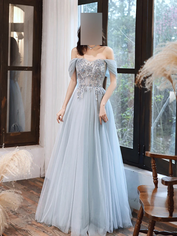 

Light Blue Women Evening Dresses Appliques Tulle Off Shoulder Prom Party Gowns Vestido De Noche Abenkleider robes de soirée