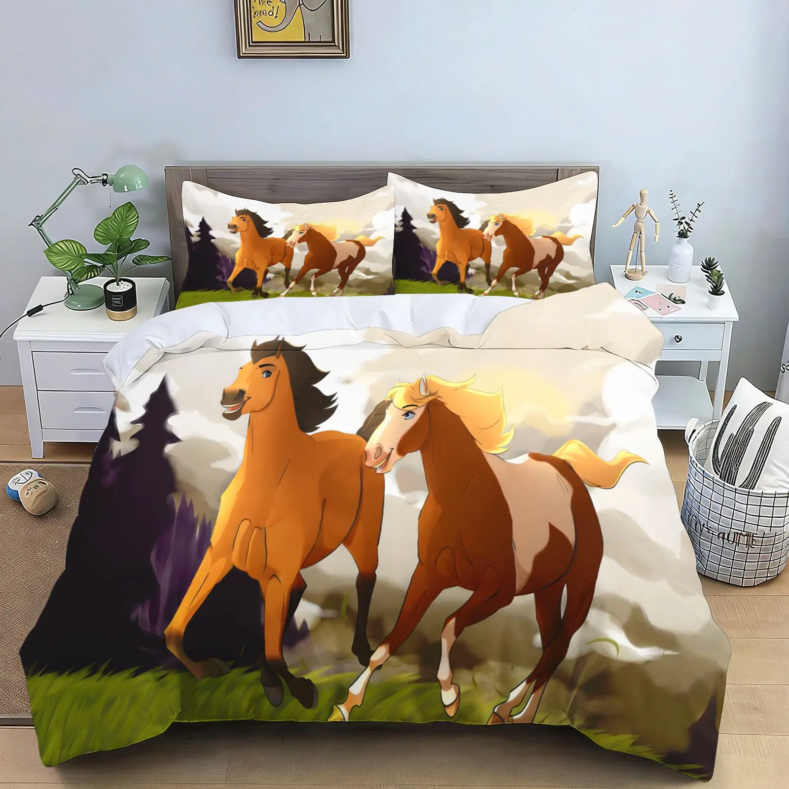Spirit Riding Free Cartoon Horse Bedding Set Running Horses Print Duvet Cover Pillowcase Soft Kids Bedroom Bed Linens