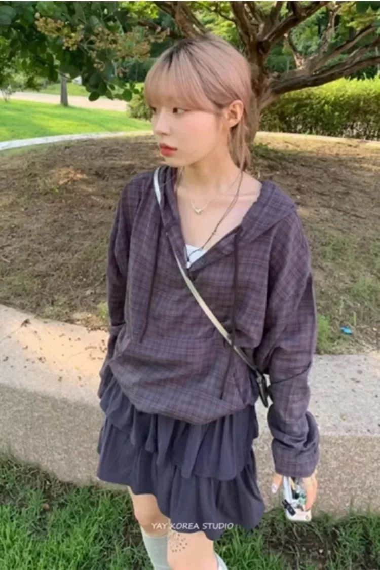 

Корейская ретро клетчатая толстовка с капюшоном на пуговицах, женские топы на осень 2023, новые свободные блузки Y2k, рубашка Blusas Mujer с длинными рукавами в стиле гранж