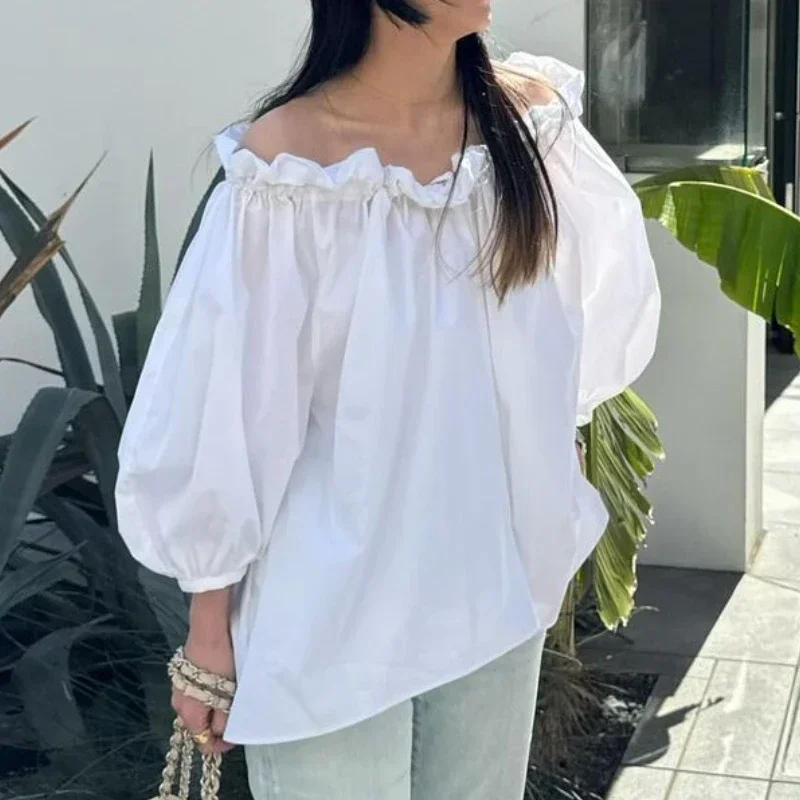 Feminino Sexy Camisas Lace Slash Neck Shirts Blouses Three Quarter Sleeve Ropa Mujer Japan Style Blusas Summer 2024 New Tops