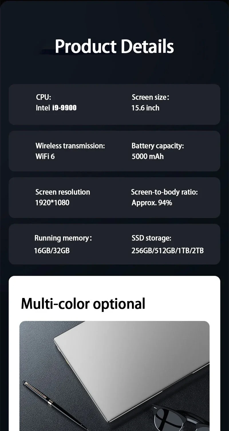 2026 Silver Laptop 15.6-inch Gaming Computer Intel i9-9900 IPS HD Video 16 GB/32GB ddr3 1024GB/2048GB ssd M.2 Windows 11 Notebo