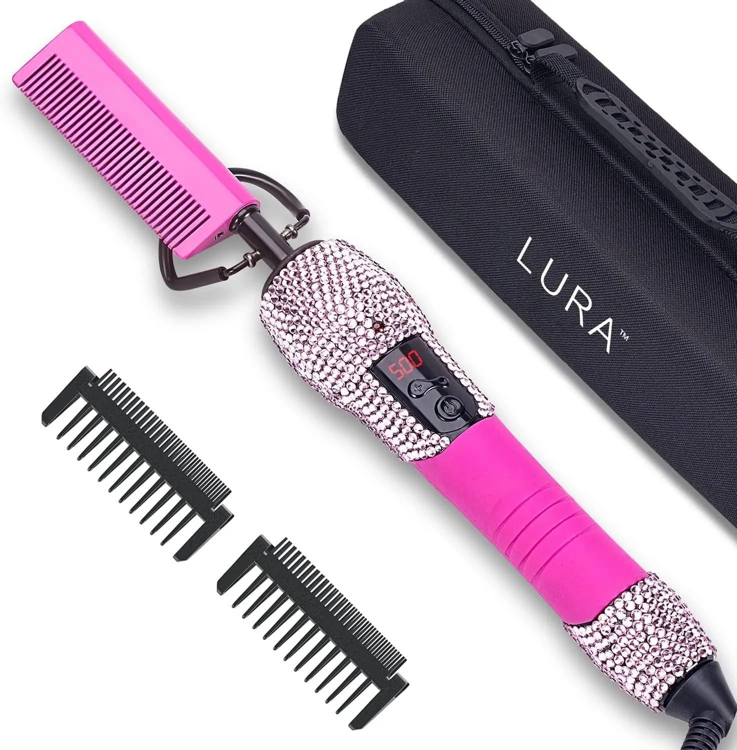 

Pink Hot Comb Electric for Wigs, Straightening Comb with Rhinestone Design, 15 Heat Settings for All Hair Types