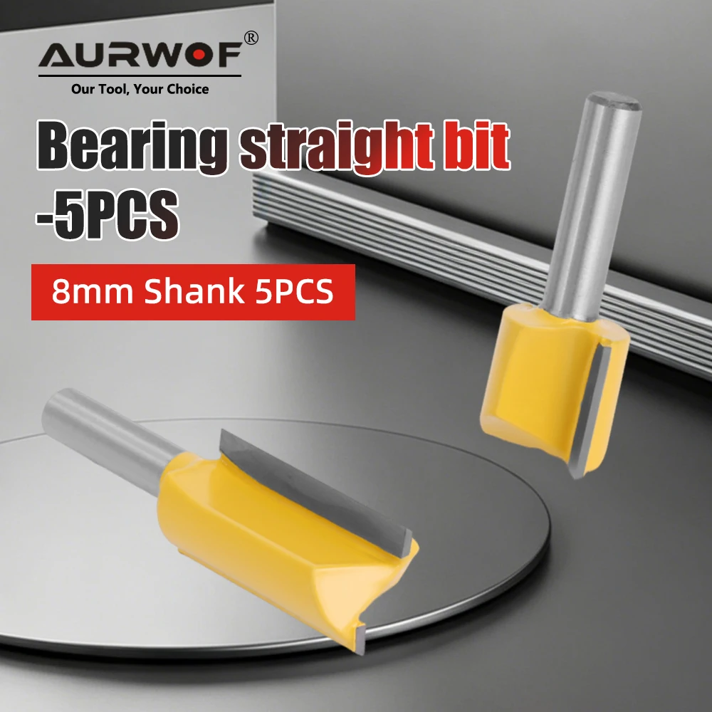 AURWOF 8mm Shank Straight Router Bit Set 5pcs Woodworking Milling Cutter Double Flute Grooving Tool Yellow C08002T5AY