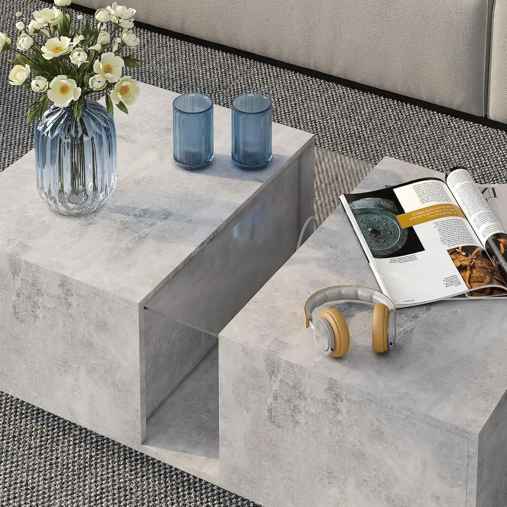 Rectangular Grey Storage Coffee Table with Acrylic Drawers for Living & Dining Rooms