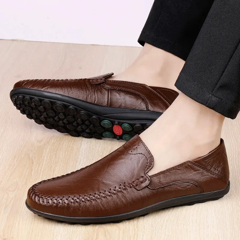 CLOHOO Men\'s Genuine Leather Shoes Handmade Stitching Casual Slip On Loafer Plus Size Casual Shoes for Men