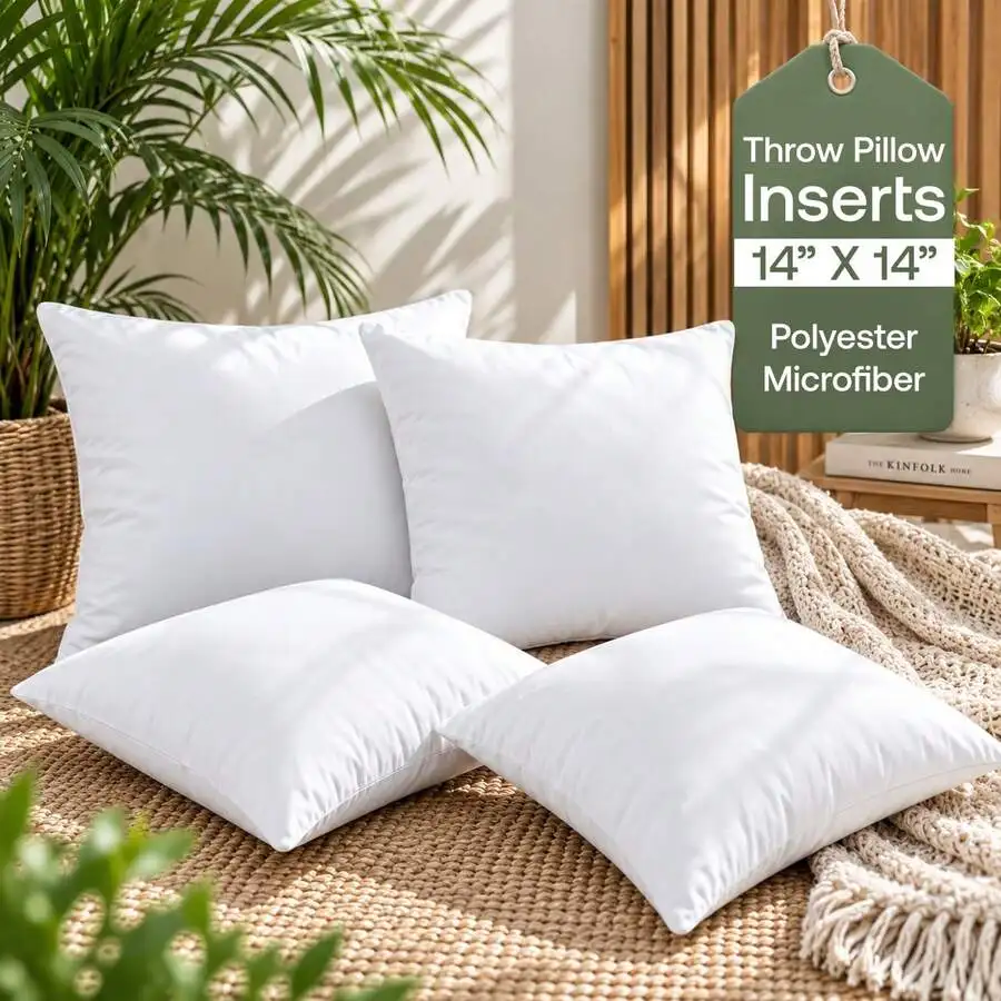 Pack Of 4 White Throw Pillow Inserts, Square Soft Plush Polyester Microfiber Decorative Pillows For Couch Sofa Bed Dorm, Fluffy