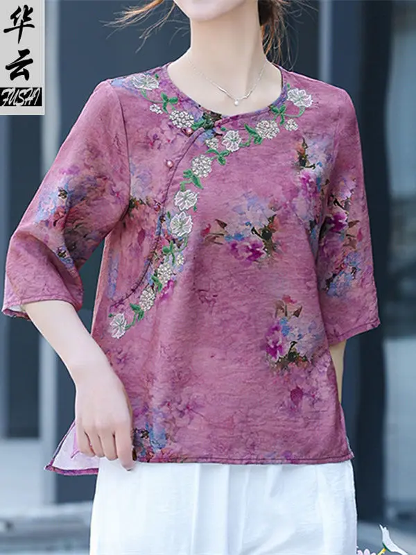 

Улучшенная рубашка в стиле Cheongsam с наклонными лацканами и круглым вырезом, элегантная рубашка со средними рукавами, женская свободная верхняя одежда из тенселя и хлопка