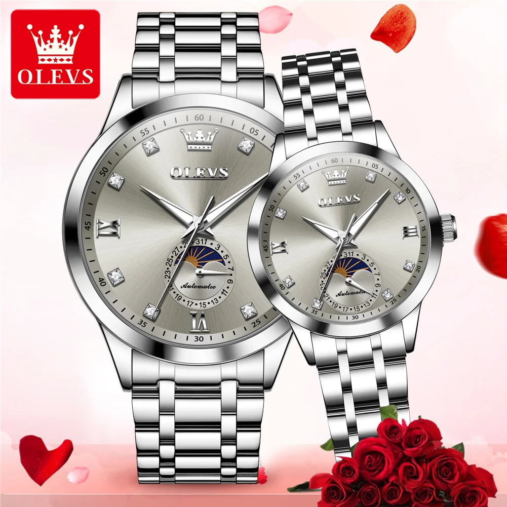 Jam Tangan Pasangan Romantis OLEVS 7041 Fashion Moon Phase Tahan Air Otomatis Mekanis untuk Wanita dan Pria Jam Tangan Tanggal