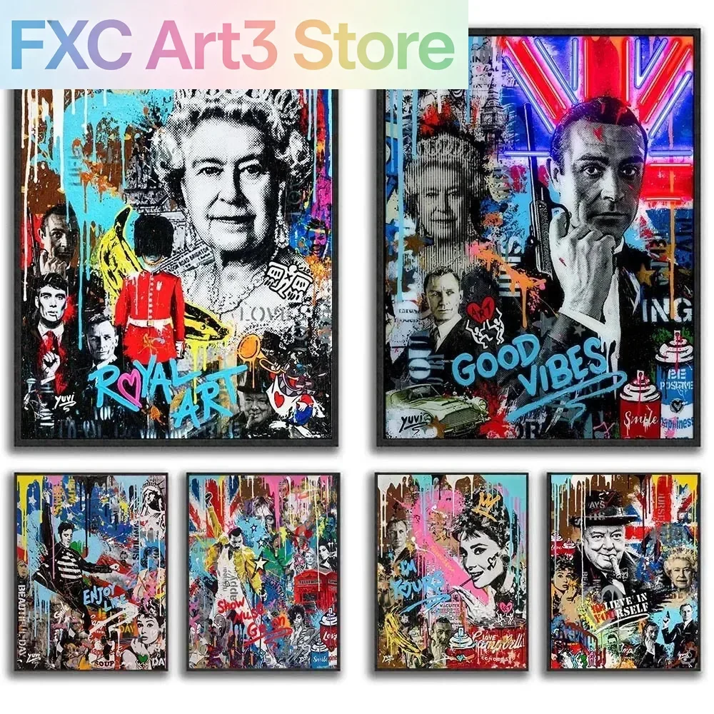 Frameless,Queen of England Poster Royal Wall Art Elizabeth Canvas Painting Pop Graffiti Famous Fashion Women Prints Picture Home