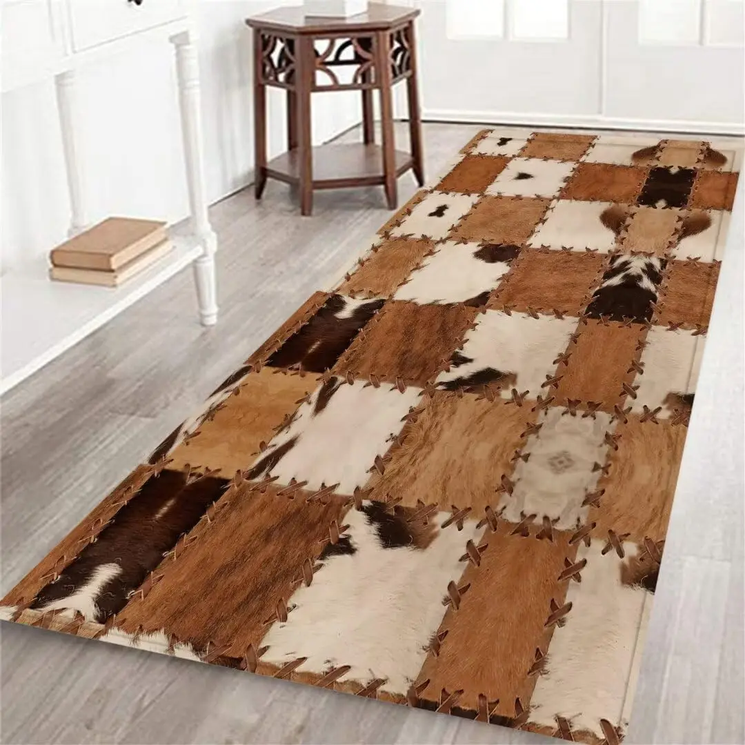 Western Patchwork Cow Fur Print Kitchen Mat Entrance Doormat Home Decor Bedroom Floor Mat Non-Slip Bath Foot Pad Home Decor
