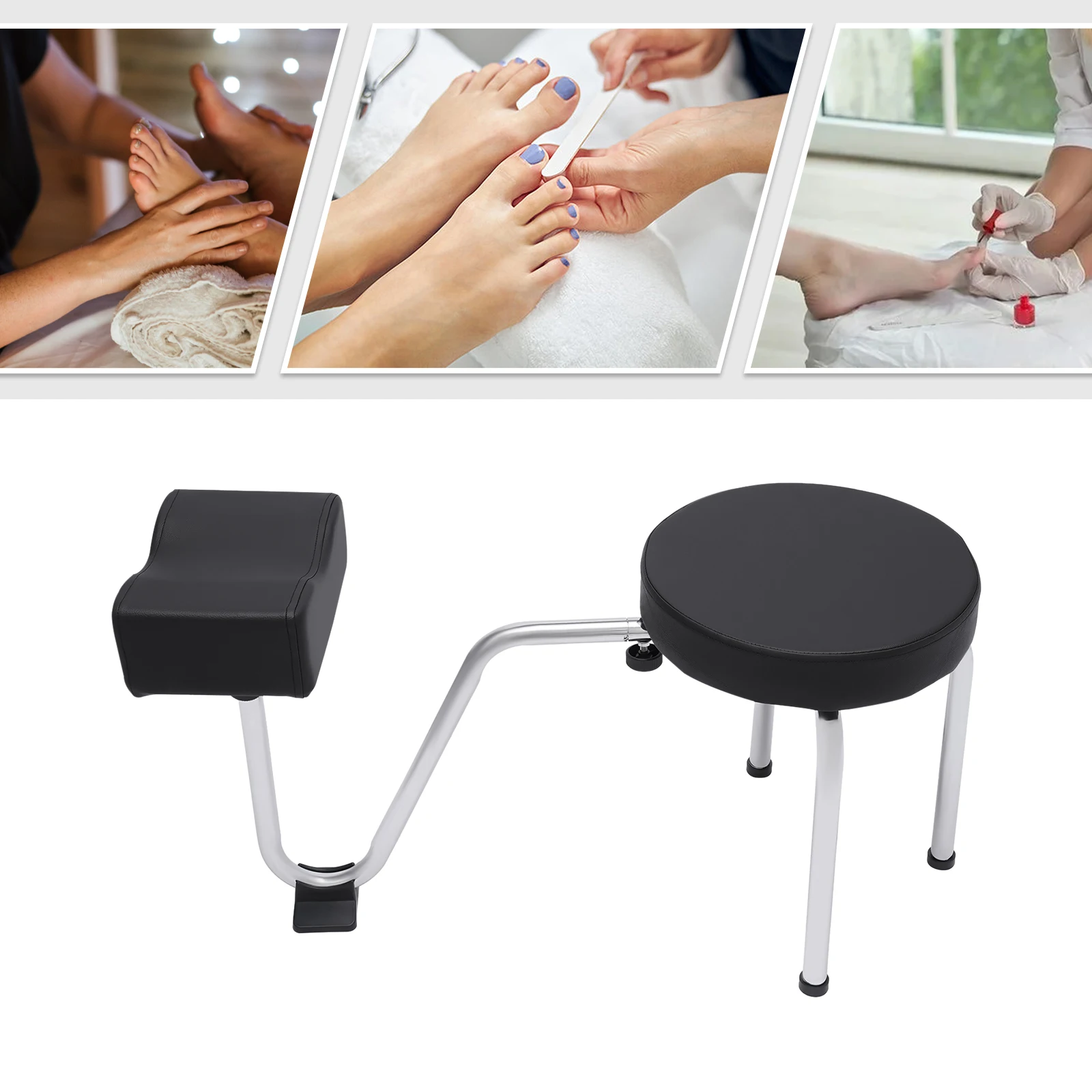 

Pedicure Foot Rest Stool Height Adjustable Foot Care Chair Footrest Stool Nail Studio Spa Furniture, Black Silver Modern Design