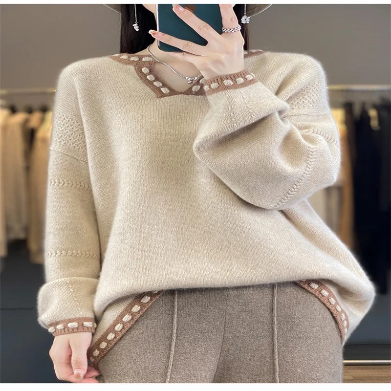 سترة كشمير سميكة من ماركة تشينغداو للنساء، بياقة على شكل V، محبوكة فضفاضة بأسلوب كسول، ملابس صوفية محبوكة للخريف والشتاء