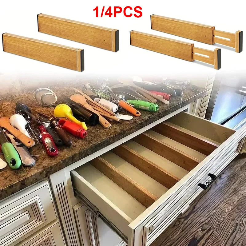 4Pcs Bamboo Drawer Dividers Bedroom Kitchen Drawer Storage Adjustable Expandable Drawer Dividers for Wardrobe Cupboard Cabinet