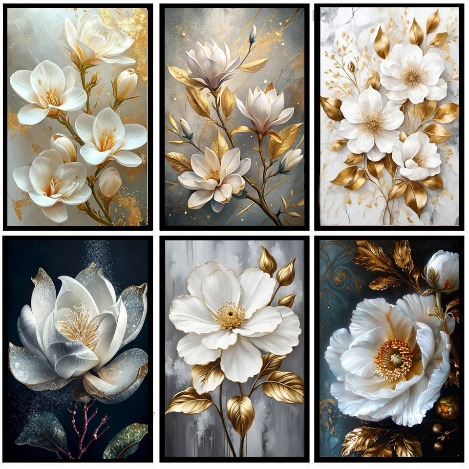 Rahmenlose, Diamant-Stickerei Neu 2025 Diamantmalerei Goldene Weiße Blumen Bild Strass-Mosaik Kreuzstich 5D DIY Handarbeit