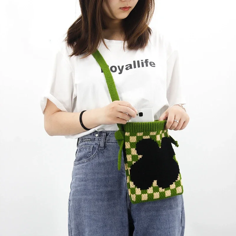 Female Casual Knitted Checker Plaid Square Side Sling Shoulder Bag Kids Girl Crochet Small Mini Mobile Phone Pouch Crossbody Bag