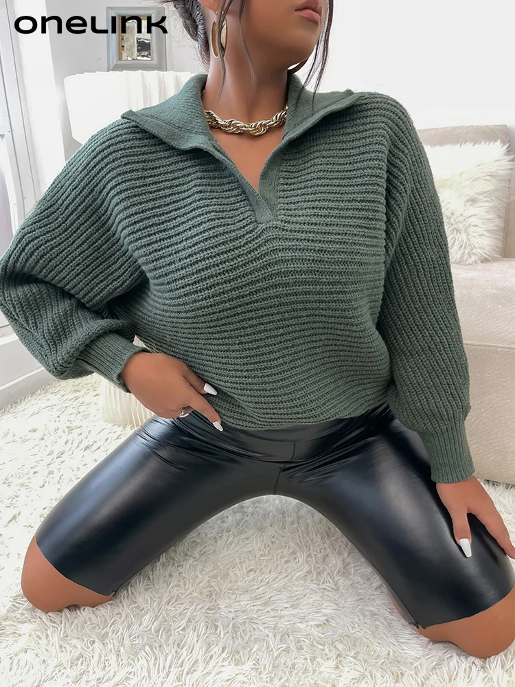 ONELINK Mint Green Plus Size Women Sweater V Neck Turn Down Collar Loose Long Sleeves Oversize Knit Top 2022 Autumn Winter