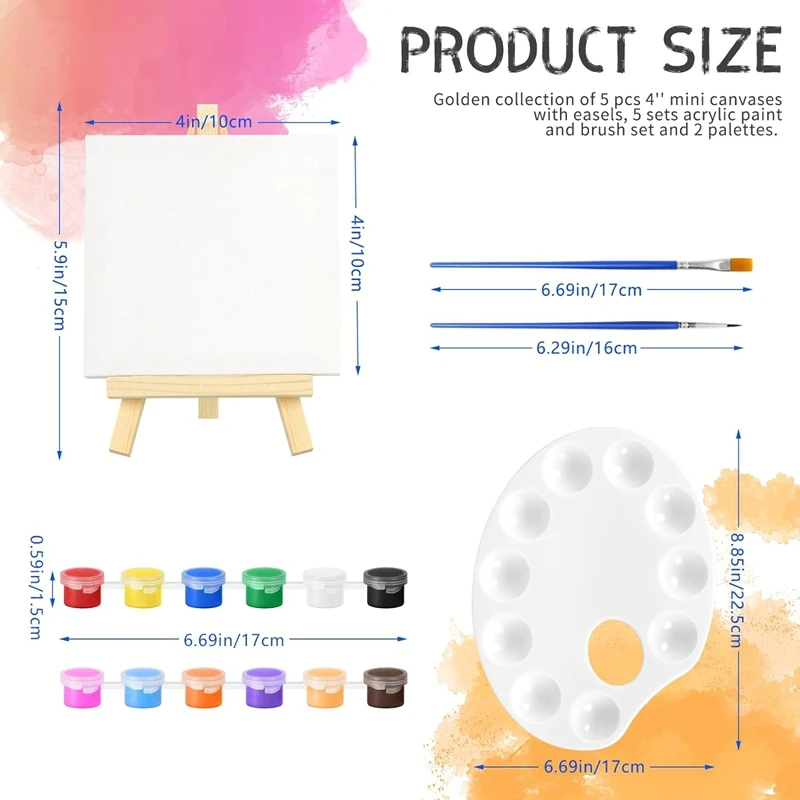 ABLL-мини-холст и мольберты с цветовой палитрой и кисти для рисования, набор красок из 82 шт., в комплект входит маленький крошечный холст для рисования 4X4 дюйма