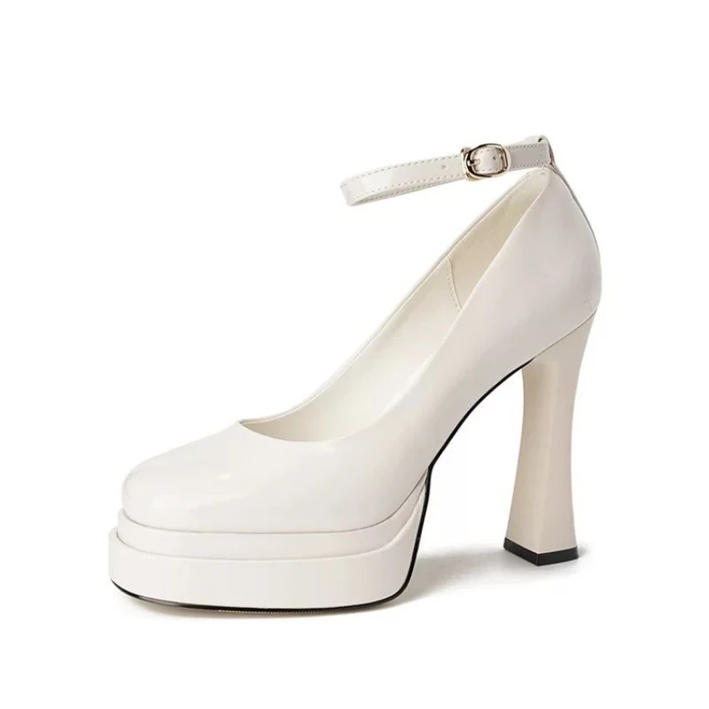 Platform One Buckle High Heels Women's Spring New Round Toe Shallow Mouth Block Heel Mary Jane Square Heel Single Shoes