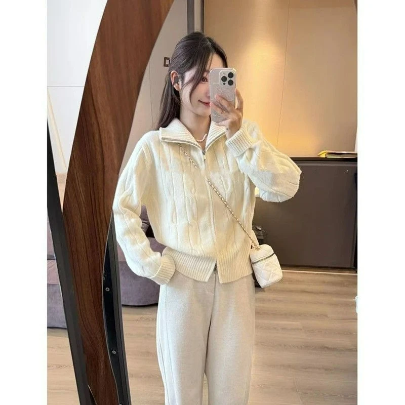 Einfarbige Tweed-Strickjacke mit doppeltem Reißverschluss und Stehkragen für Damen im Winter 2026, neuer Stil, modische, gut aussehende französische Pullovermäntel