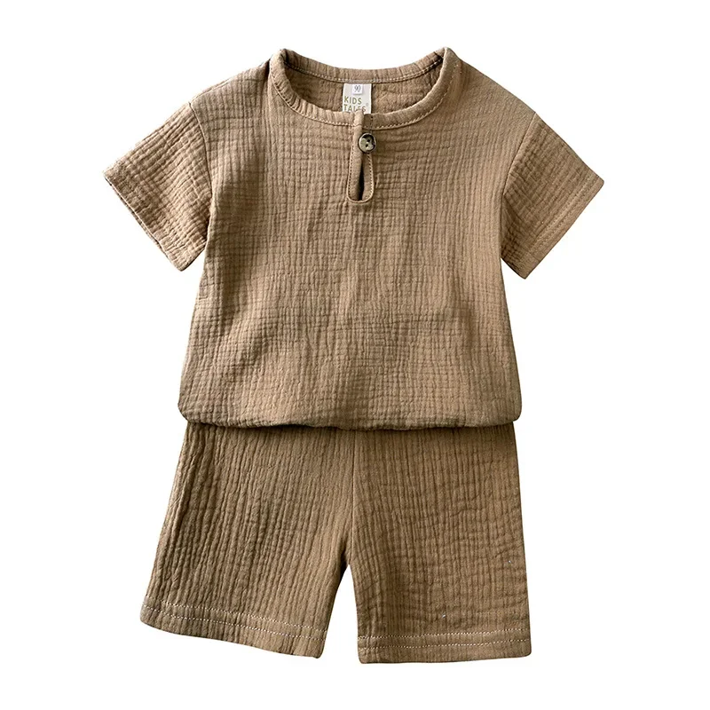 Somenie Kleinkind-Sommer-THomewear-Kurzarmanzug aus reiner Baumwolle für Kinder, Jungen und Mädchen, T-Shirt mit Knöpfen, lässige Shorts, 2-teiliges Set