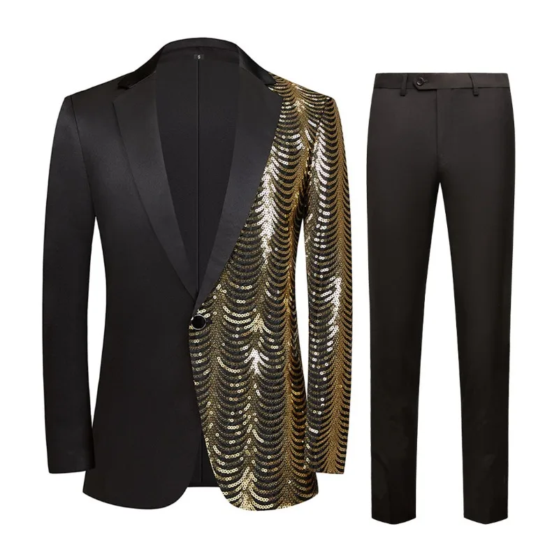 

Mens Luxury Wave Striped Gold Sequin Blazer Shawl Lapel One Button Shiny Wedding Party Tuxedo Suit Set Black